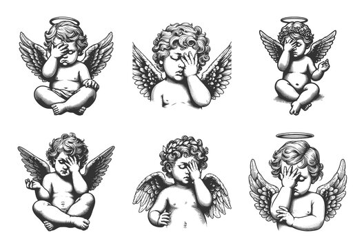 cherub cupid performing a facepalm gesture in humorous, frustrated expressions Set collection bundle sketch engraving generative ai vector illustration. Scratch board imitation. Black and white image.