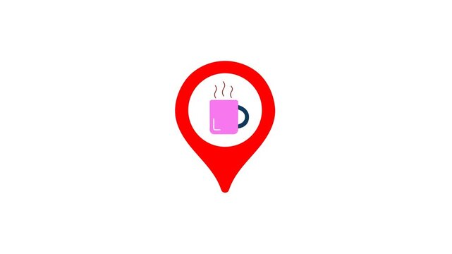 Animated red GPS map pin icon with a pink coffee mug symbol for cafe location finders, coffee shop navigation, and restaurant tracking apps.
