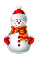 Cute 3D snowman character wearing red Santa hat and scarf, smiling happily for Christmas holiday design, isolated on transparent background