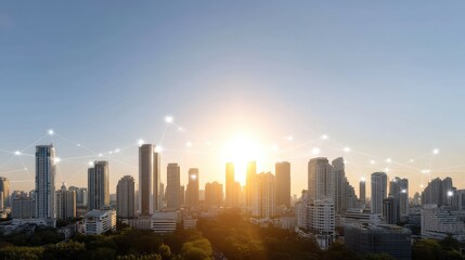 Obraz premium Urban skyline at sunset with digital connections symbolizing technology and innovation in modern cities over lush green spaces in metropolitan environments