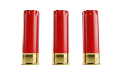 Three red shotgun shells isolated PNG, ammunition for hunting or sport shooting on transparent background, cartridge for shotgun