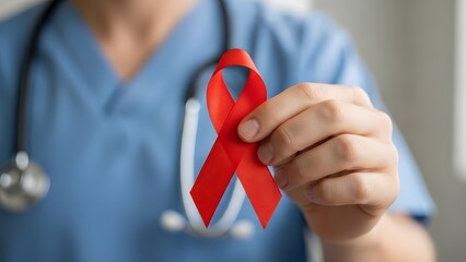 Healthcare professional holding red ribbon