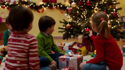 Happy children opening gifts near decorated christmas tree indoors with warm lights and festive decorations, joyful family moment. Concept of childhood happiness and christmas celebration