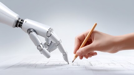 Robotic Hand Collaborating with Human Hand to Create Architectural Designs on Paper in a Modern and Innovative Workspace Setting