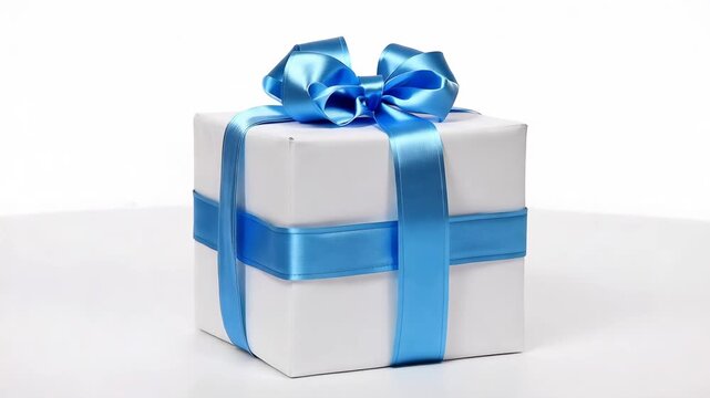 White gift box wrapped with blue ribbon and bow isolated on clean background, elegant present packaging. Concept of surprise and celebration gift