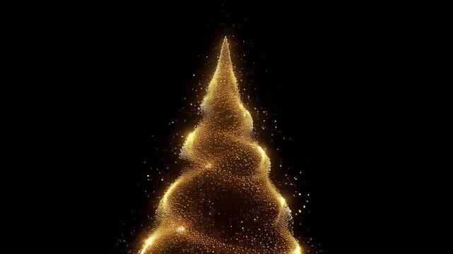 Golden glowing particle trail forming abstract Christmas tree shape on dark background with sparkling dust and magical light atmosphere. Concept of holiday magic and celebration