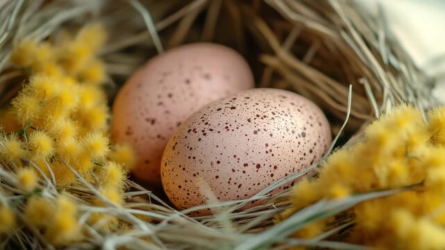 Brown eggs are placed in a straw nest with yellow flowers under natural light in a calm setting