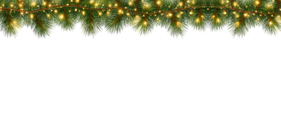 Festive Green Garland  Gold Lights Border on White A Bright Holiday Decoration with Ample Copy Space on a transparent background