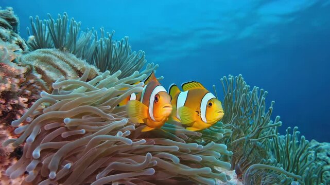 Captivating of a tropical aquarium with the iconic clownfish Nemo and his friends swimming amidst vibrant coral formations in a crystal clear aquatic environment.