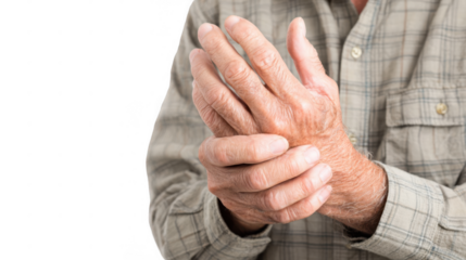 Close up of elderly man's hands gently massaging his painful wrist, providing relief from joint discomfort, isolated on a transparent background