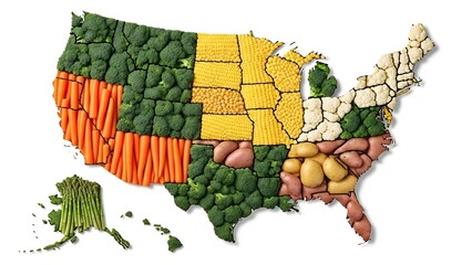 Culinary Cartography: A creative representation of the United States crafted entirely from fresh produce, showcasing a vibrant array of fruits and vegetables in a unique and appetizing composition.