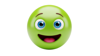 Happy green smiley face PNG isolated on transparent background, cheerful emoticon with big smile and blue eyes for social media and design use
