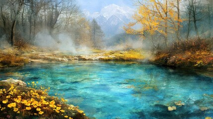 Serene, dreamy landscape featuring a crystal clear lake, mountains, and fall foliage