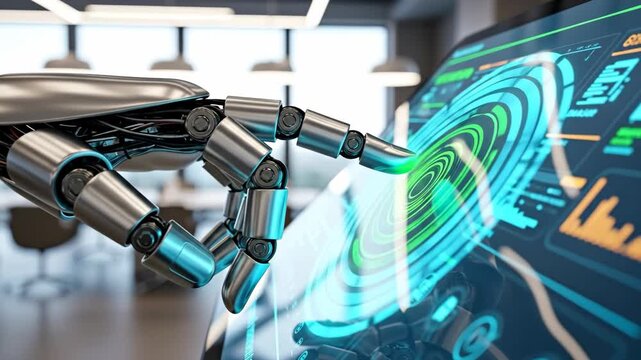 Operating a Futuristic Robotic Arm Interacting with a Digital Control Interface in a Modern Workspace