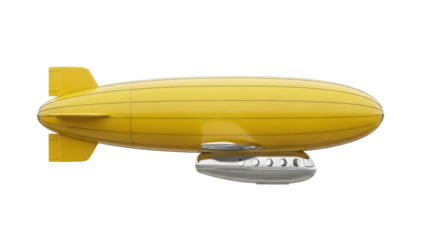 Yellow zeppelin PNG isolated on transparent background, vintage airship with gondola for travel and adventure themes