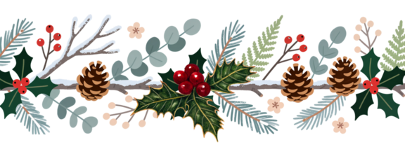 Decorative Winter Foliage Border Holly Pinecones and Evergreen Branches on White on a transparent background