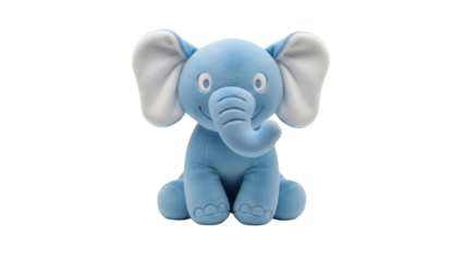 Cute blue elephant plush toy PNG isolated on transparent background, soft stuffed animal for kids and nursery decor