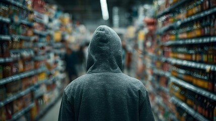 Obraz premium Suspicious person in a hooded sweatshirt walking away down a supermarket aisle seen from behind in a blurred retail environment.