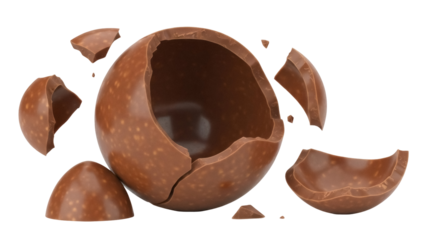 Cracked milk chocolate Easter egg isolated PNG, broken chocolate sphere on transparent background for holiday and confectionery designs
