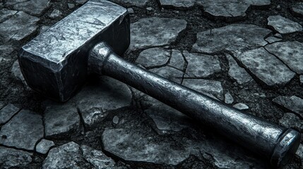 A detailed shot of a large, metal hammer resting on a cracked, rocky, grey surface