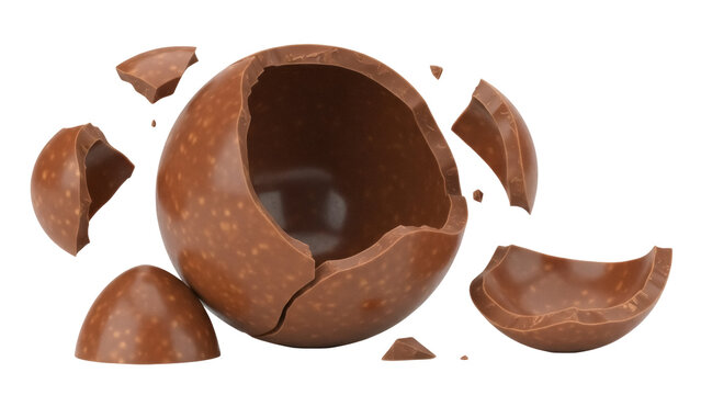Cracked milk chocolate Easter egg isolated PNG, broken chocolate sphere on transparent background for holiday and confectionery designs