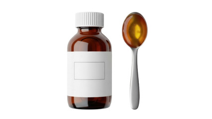 Amber medicine bottle with blank label and spoon of syrup isolated PNG, cough syrup remedy for cold and flu treatment on transparent background