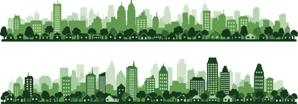 Two horizontal green city skylines with buildings and trees on a white background Keywords: city, skyline, urban, cityscape, silhouette, green