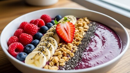 Colorful fruit and granola smoothie bowl