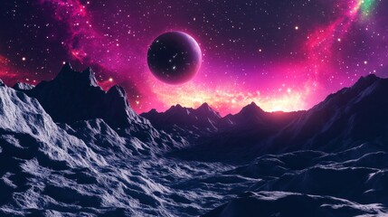 Obraz premium Majestic alien vista jagged mountains, vibrant nebula, purple planet, starry night sky