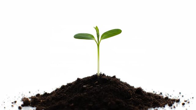A single young green plant sprout growing in a mound of rich soil.