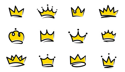 Crowns hand drawn icon set. Doodle crown collection. Gold crown sketch. Queen or king crowns. Vector illustration.