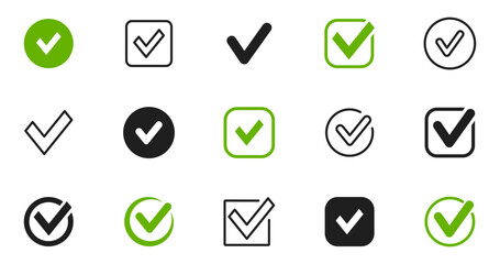 Check mark icon set. Checkmarks and confirm. Check marks for agreement, vote, confirmation, choise. Vector illustration.