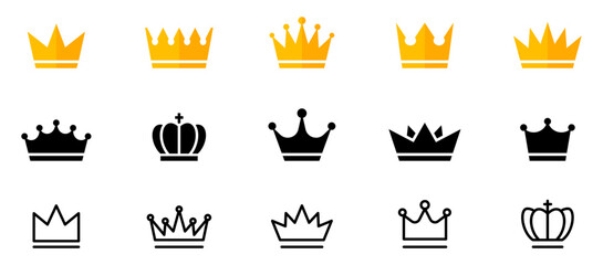 Crown icon set. Silhouette crown flat, glyph and line icons collection. Crown symbol. Vector illustration.