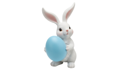 Adorable white bunny holding a blue Easter egg isolated PNG, cute rabbit figurine for spring holiday decoration on transparent background