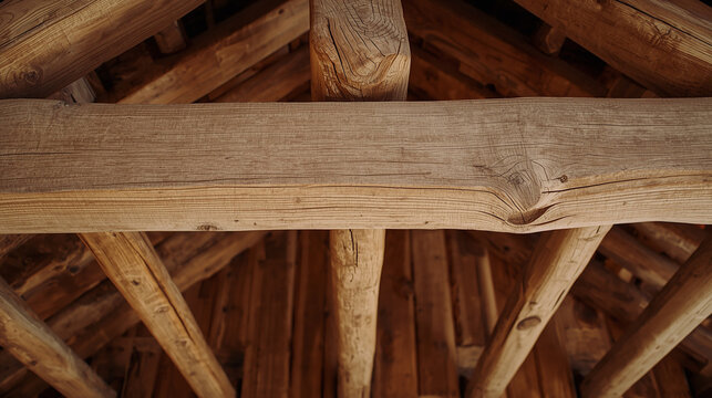 A rustic wooden beam structure, with rough-hewn timber planks, showcasing the natural grain and texture of the wood, set against a warm, earthy background, with an emphasis on the organic, natural aes