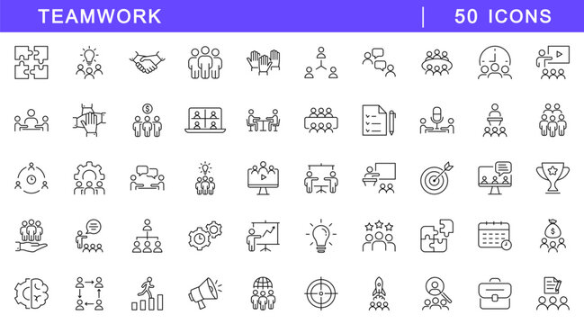Teamwork icon set. Cooperation icons in line style. Editable web icons for team, partnership, collaboration, work group, management, working together etc. Vector illustration.