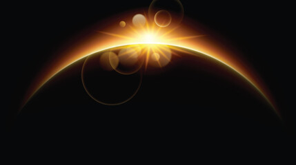 Solar eclipse background. Horizon light beam effect. Sunrise light, round sparkling rays. Vector