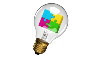 Light bulb with colorful puzzle pieces inside isolated PNG, creative problem solving and teamwork concept on transparent background