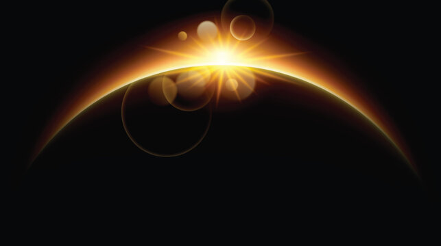 Solar eclipse background. Horizon light beam effect. Sunrise light, round sparkling rays. Vector