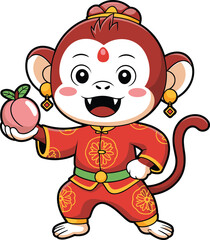 Naklejka premium Cartoon monkey wearing red traditional outfit holding peach