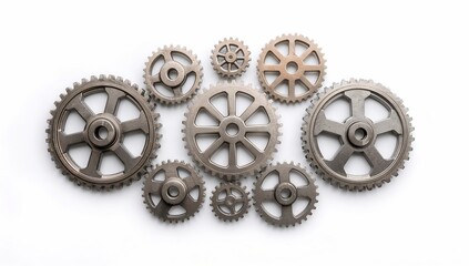 a collection of gears showcasing precision engineering and the interconnectedness of parts. The gears are arranged to emphasize their mechanical nature