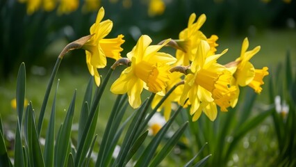 Vibrant Yellow Daffodils Blooming in a Lush Green Garden on a Sunny Spring Day.