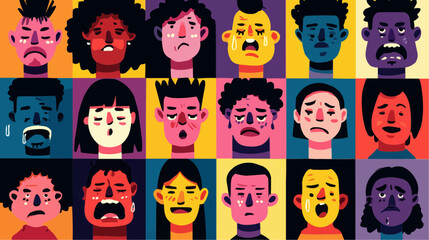 Vector illustration of diverse abstract faces arranged in grid, expressing different emotions, suitable for branding, social campaigns, editorial design, presentations, and modern visual communication