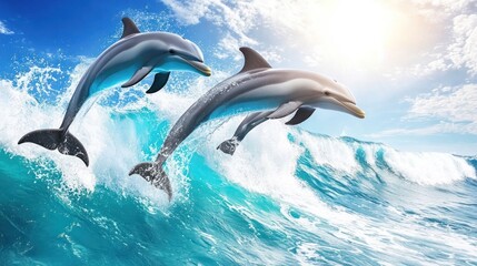 Two dolphins leaping from ocean waves under a bright sun in a clear blue sky
