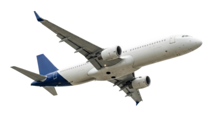 Modern passenger airplane isolated PNG on transparent background, commercial aviation aircraft for travel and transportation industry