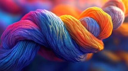 Vivid close-up of an intricate, twisted, multi-colored fiber, with soft focus and texture