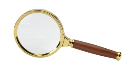 Magnifying glass with gold frame and wooden handle isolated PNG, search and investigation tool on transparent background