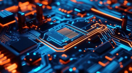 Close-up of a glowing, intricate circuit board with orange and blue illumination