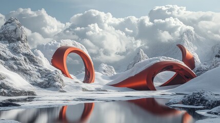 Surreal snowscape features reflective red arcs amidst snowy mountains under a dramatic cloudy sky