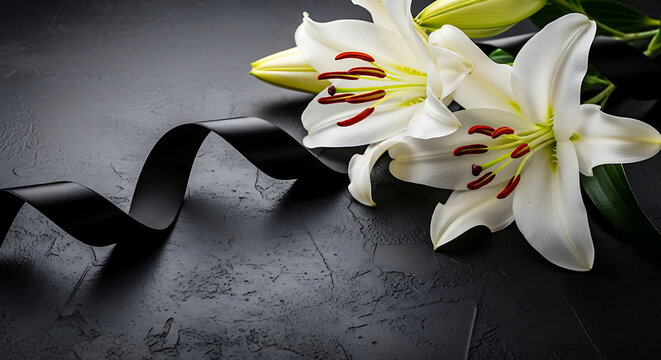 Sympathy and Condolence card with white lilies and black ribbon